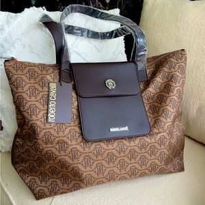 ROBERTO CAVALLI Nylon Shopper logo foldable tote brown